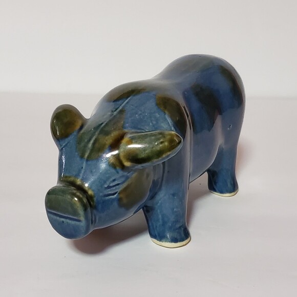 Blue Pig Glazed Figurine Piggy Décor - Picture 2 of 11